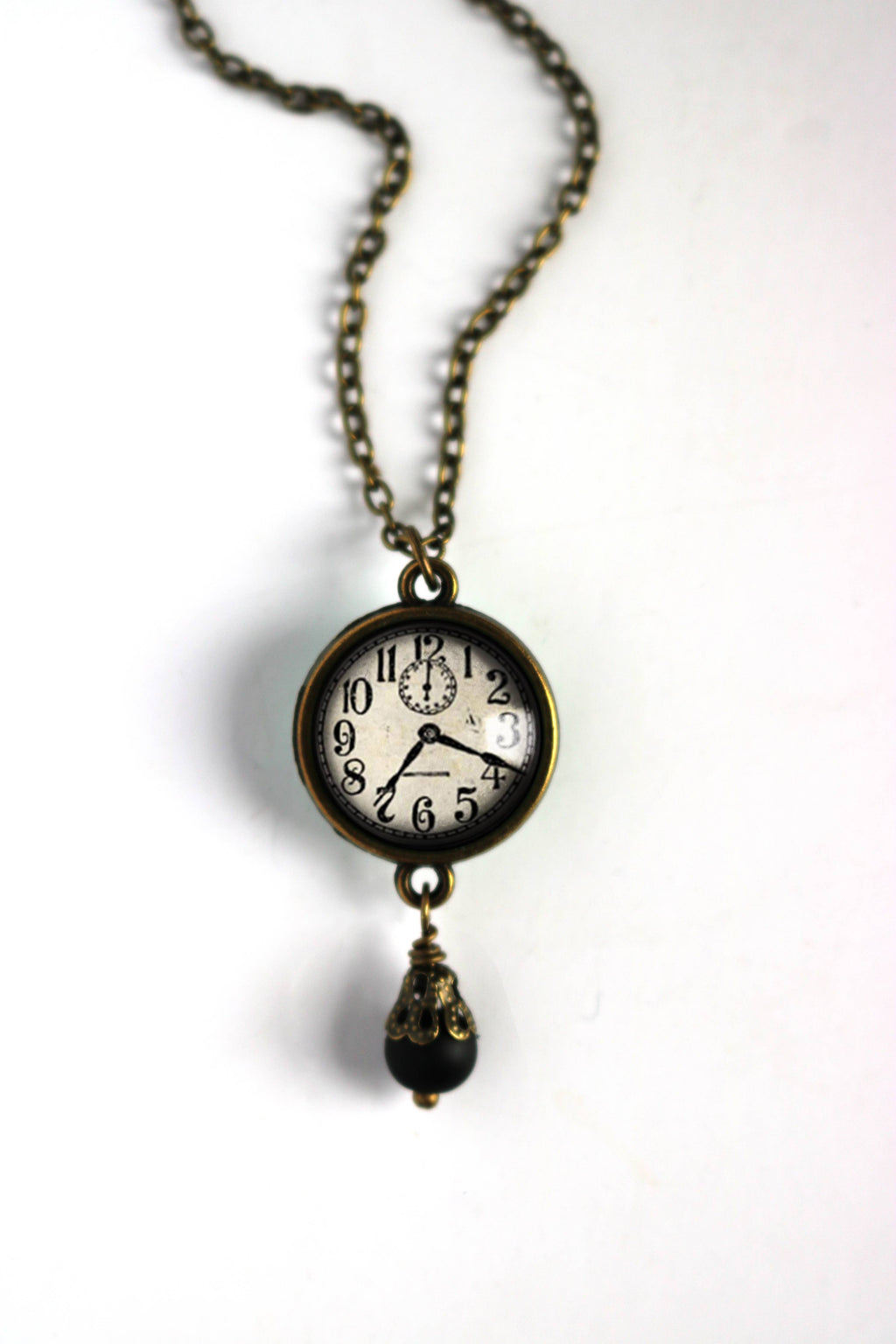 Edwardian Clock Steampunk Pendant Necklace w/Bead