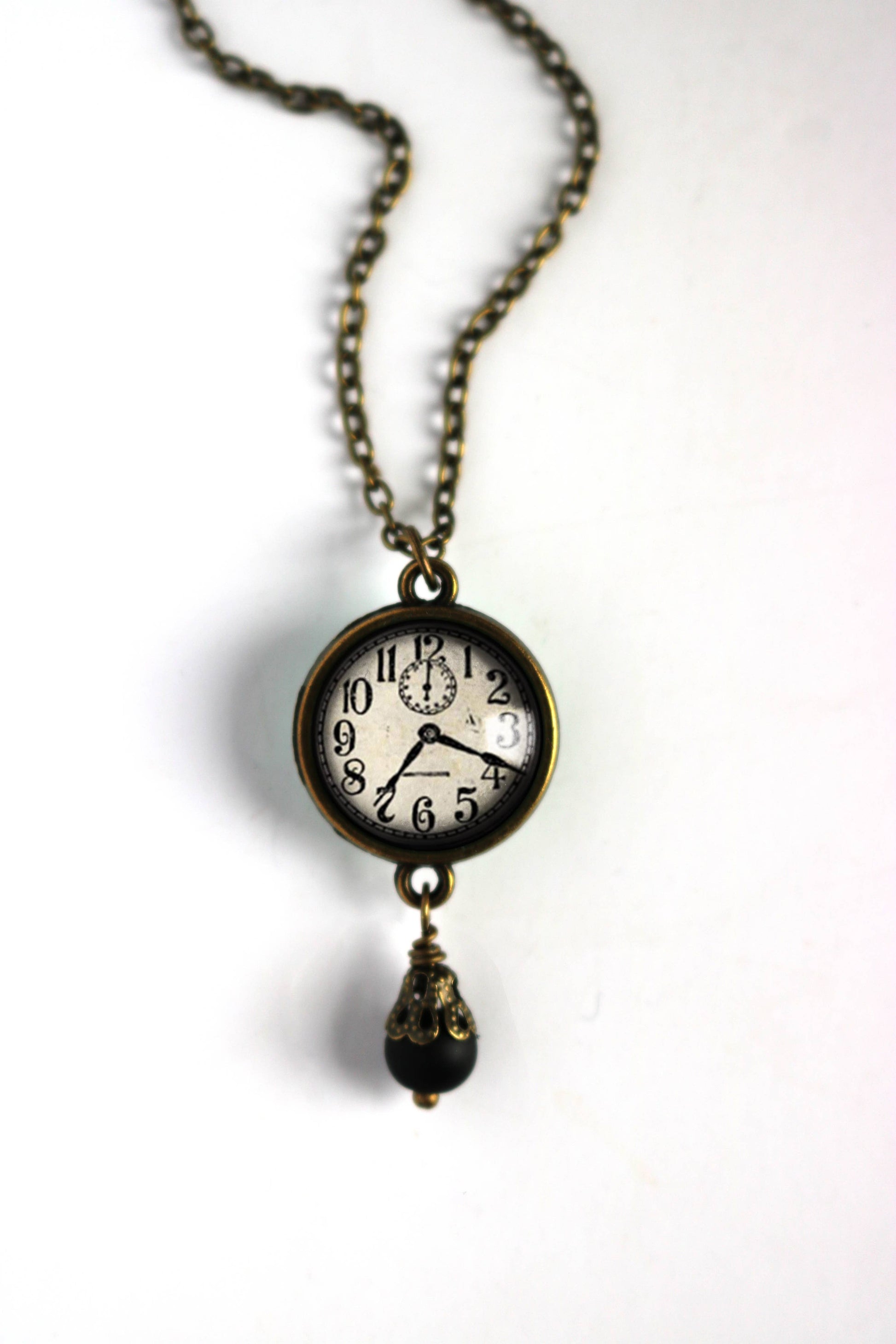 Edwardian Clock Steampunk Pendant Necklace w/Bead