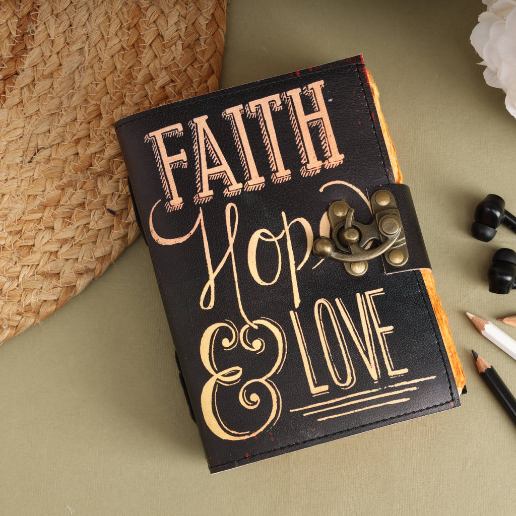 Leather Journal Blank Vintage Grimoire Faith Hope Love