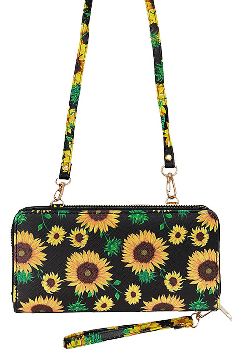 Sunflower Single Zipper Crossbody Strap Continental Wallet