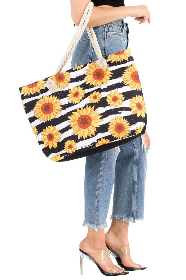 Sunflower Floral Print Striped Rope Handled Cotton Tote Bag