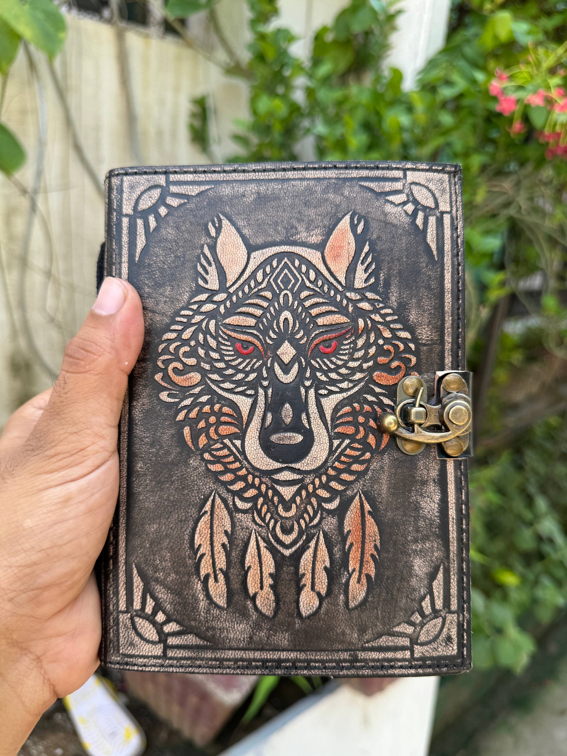 Wolf Embossed Leather Journal diary with 200 Deckle pages