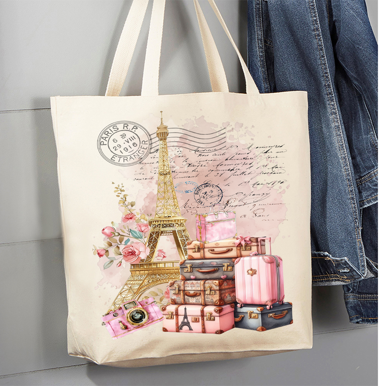 French Paris Eiffel Tower Luggage Canvas Tote Bag