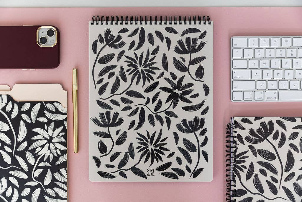 Large Top Spiral Notebook, Hand Drawn Black Floral