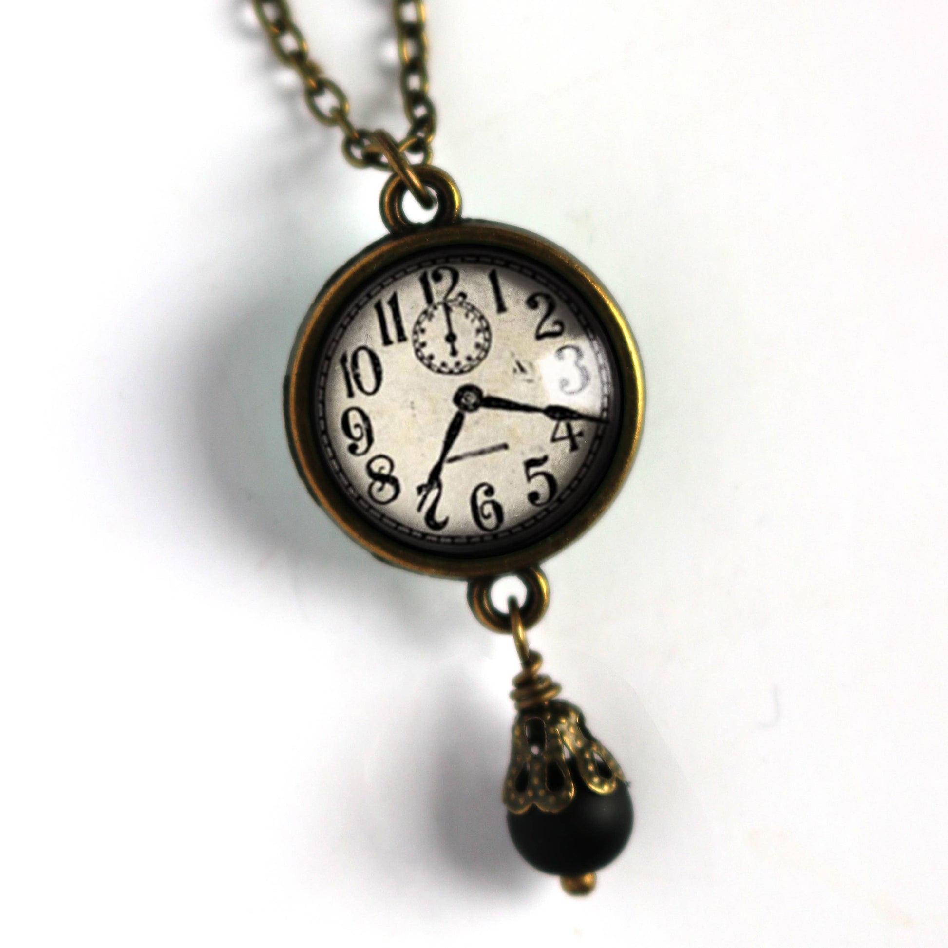 Edwardian Clock Steampunk Pendant Necklace w/Bead