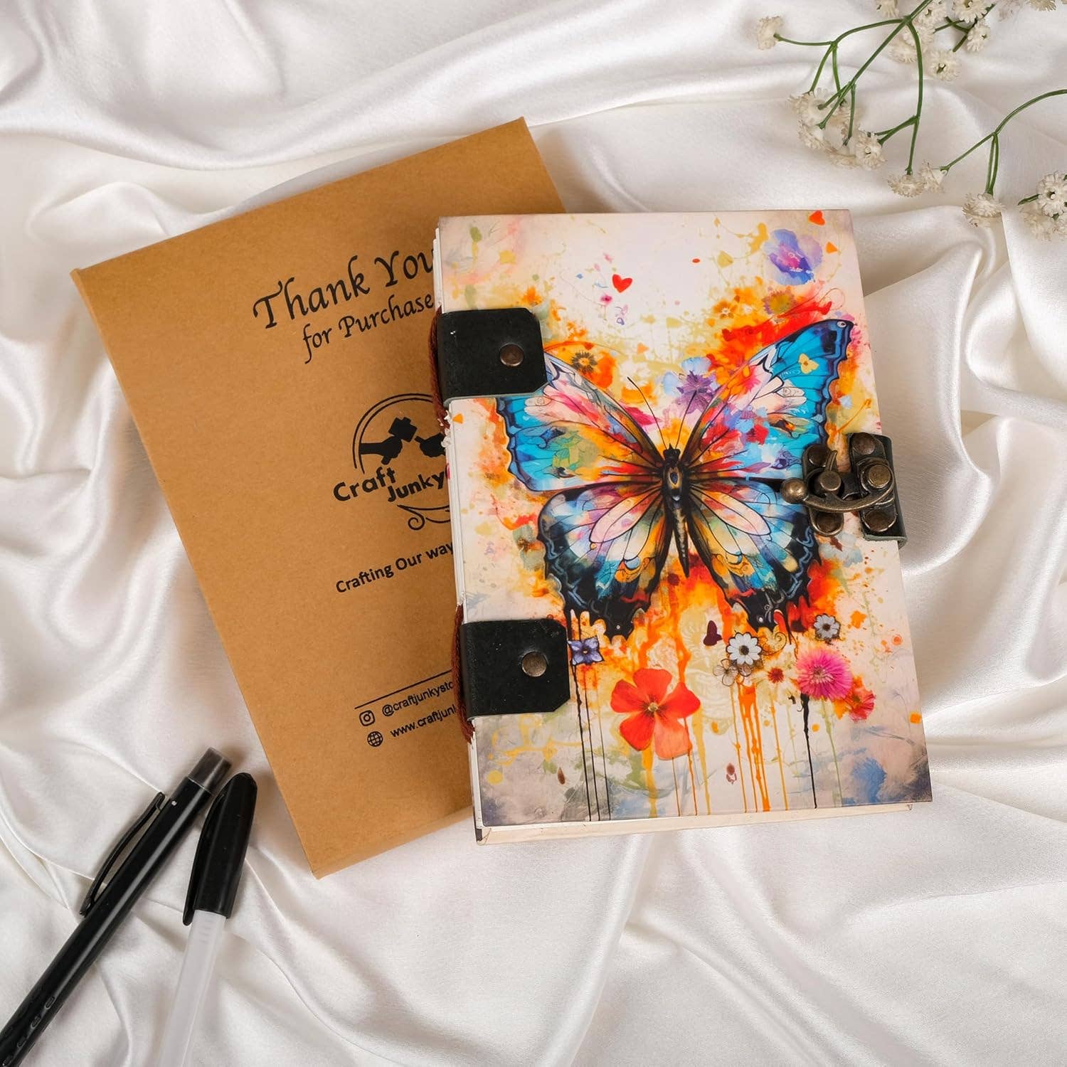 Butterfly - Journal Diary Notebook with Leather Strap Lock - Unruled