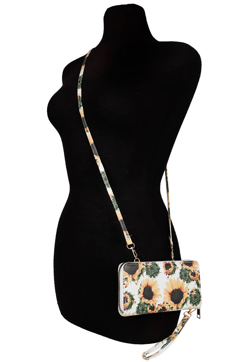 Sunflower Single Zipper Crossbody Strap Continental Wallet