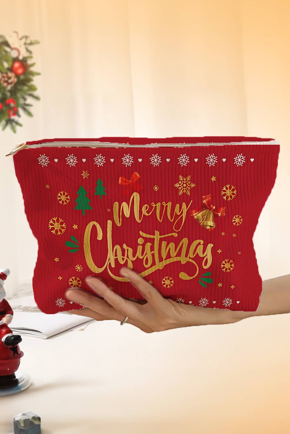 Christmas, Santa Corduroy Zip Up Cosmetic Bag