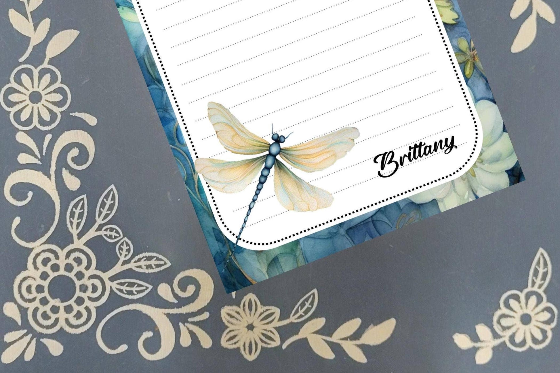 Notepad Dragonfly, Blue Floral, Stationery