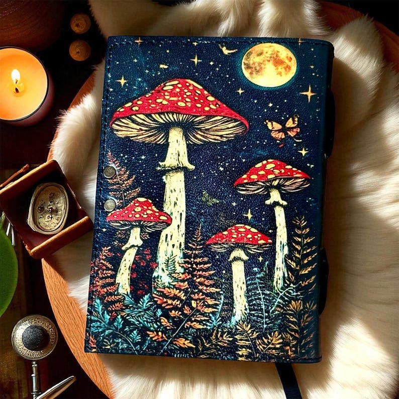 Leather Journal Grimoire Vintage Mushroom Notebook Handmade
