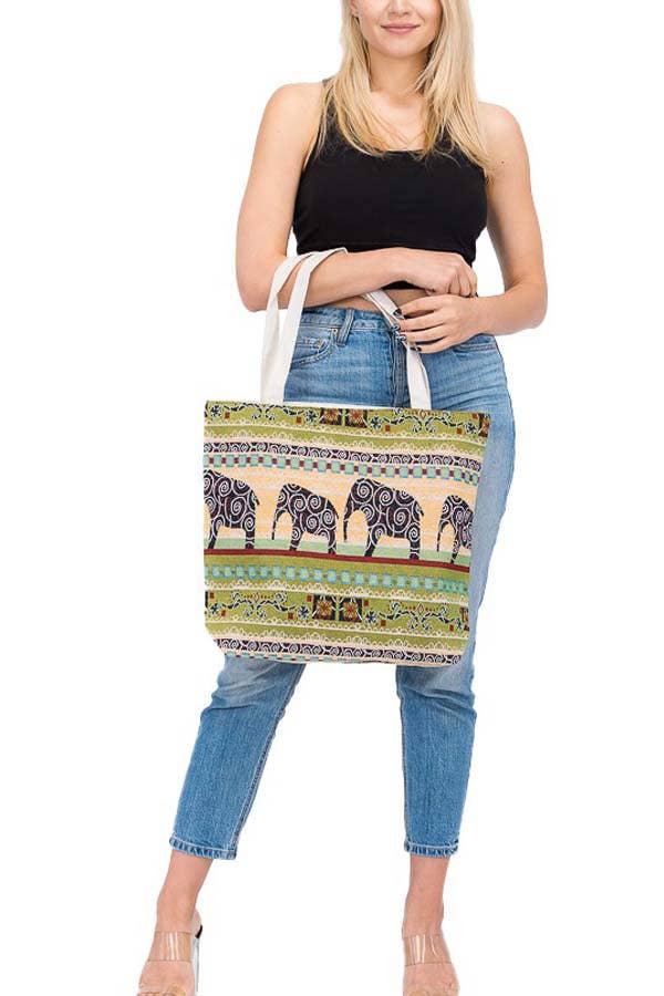 Boho Scenic Ethnic Lucky Elephant Woven Novelty Canvas Tote