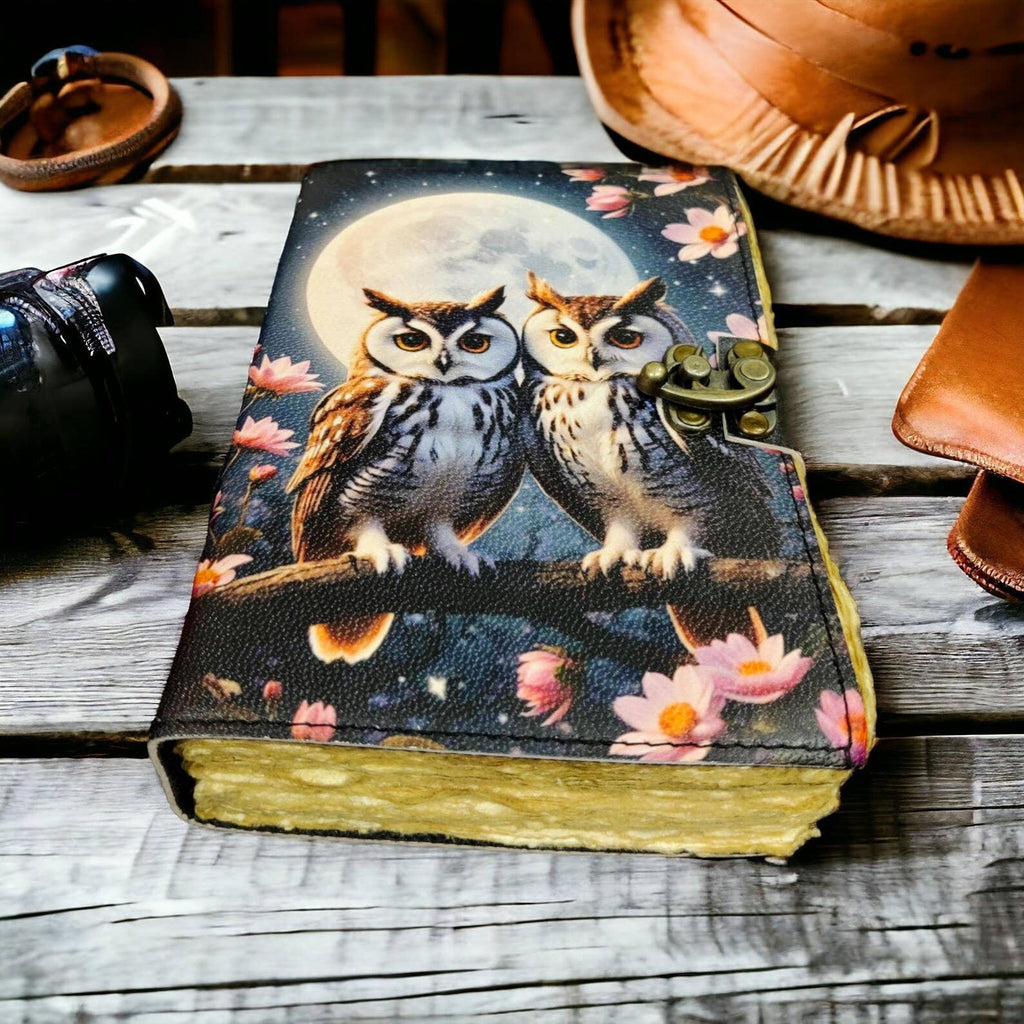 Two Owl Print - Leather Journal Blank Vintage Notebook