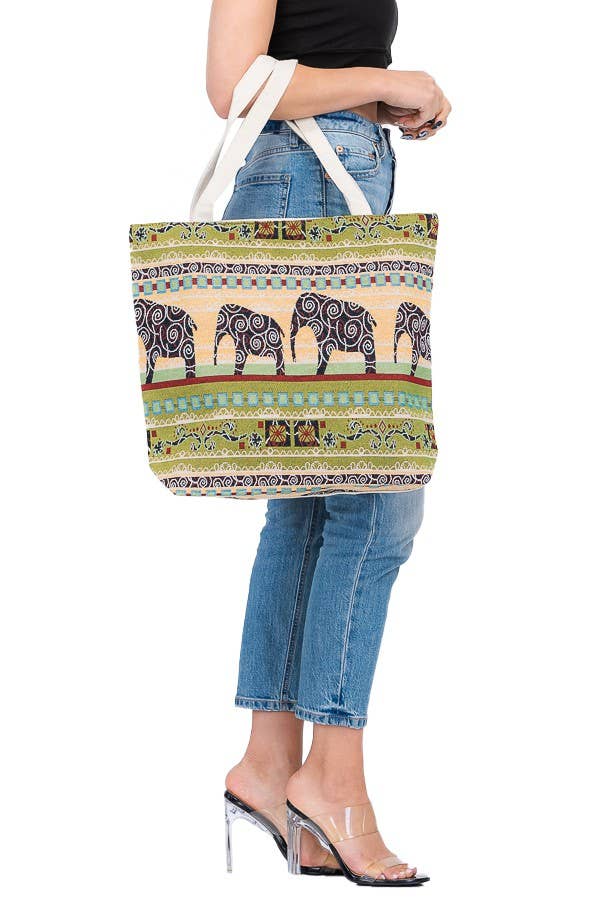 Boho Scenic Ethnic Lucky Elephant Woven Novelty Canvas Tote