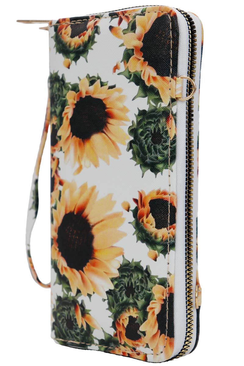 Sunflower Single Zipper Crossbody Strap Continental Wallet