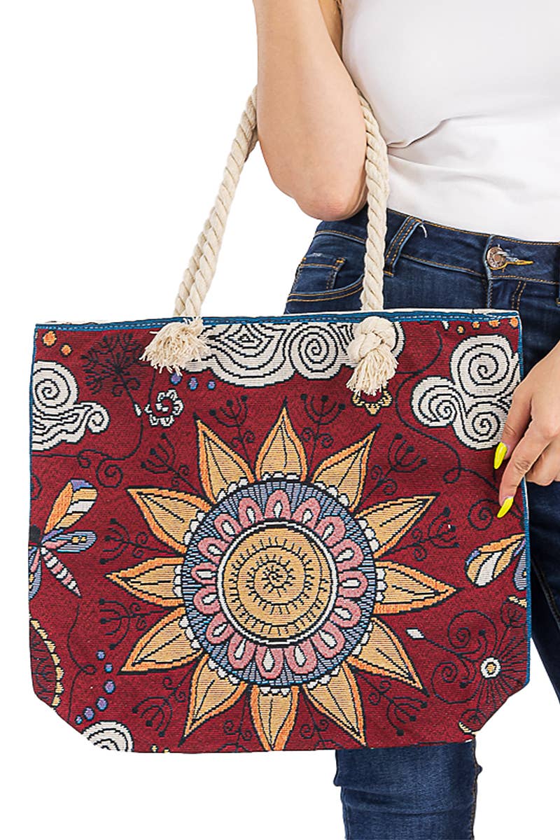 Butterfly Floral Mandala Tapestry Rope Handle Canvas Tote