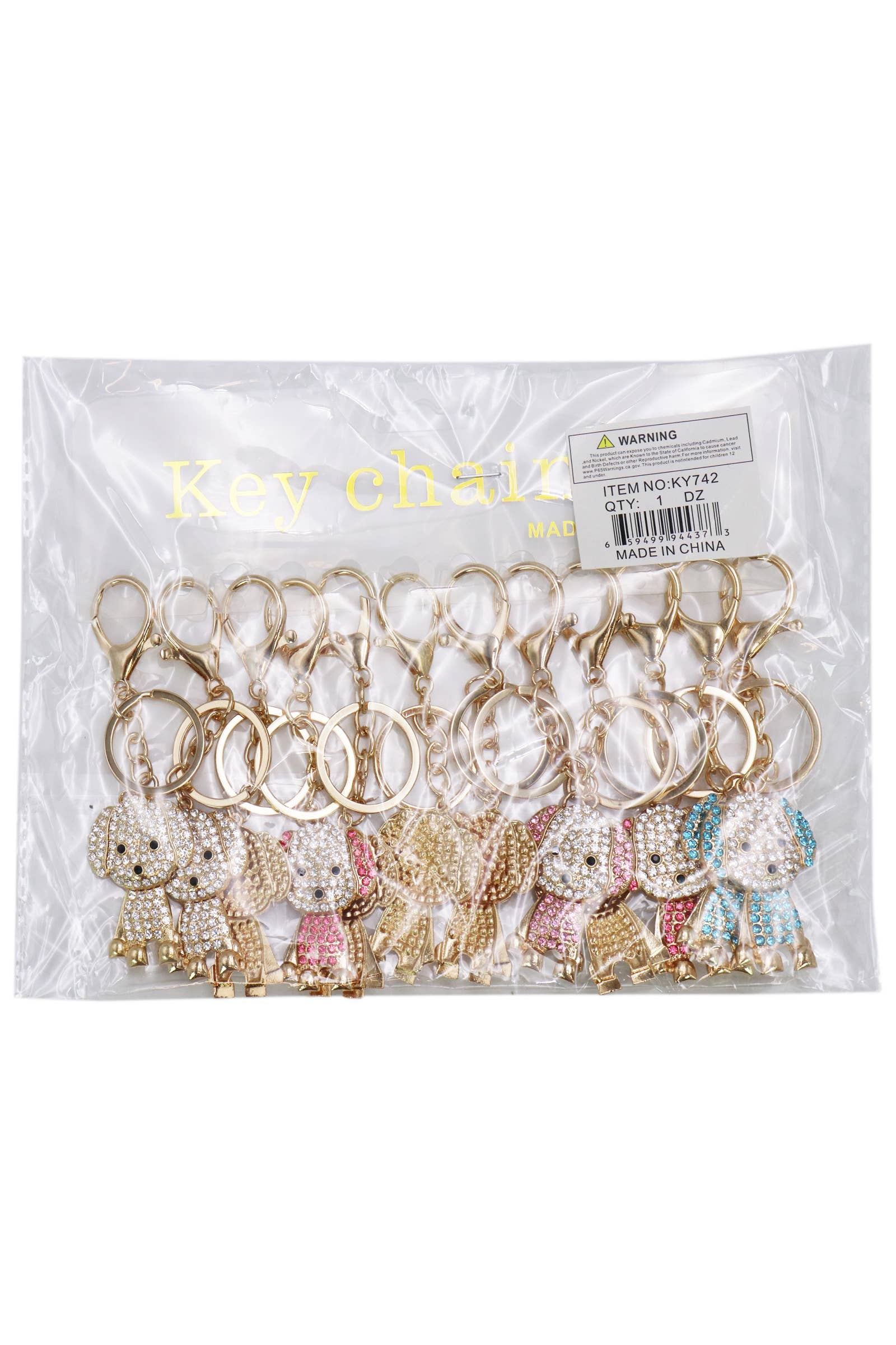 Puppy Dog Bling Rhinestone Gold Metal Key Chain