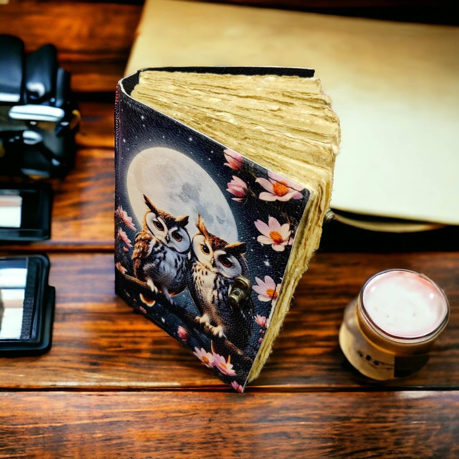Two Owl Print - Leather Journal Blank Vintage Notebook