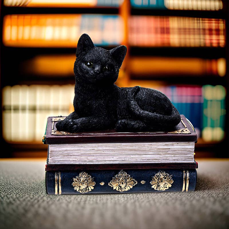 Black Cat on Book Box Figurine