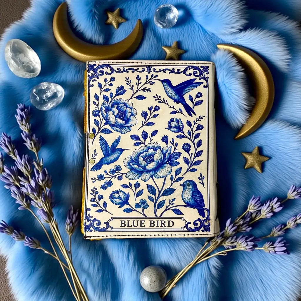 Leather Journal Blank Vintage Notebook with Blue Bird Print