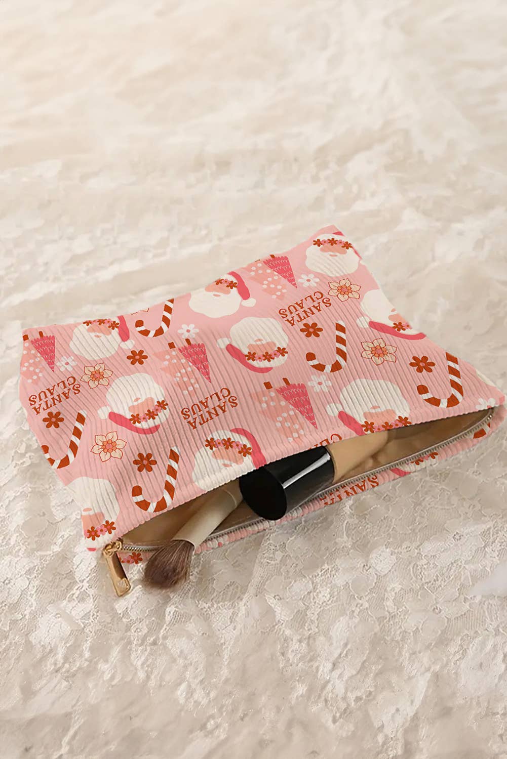 Christmas, Santa Corduroy Zip Up Cosmetic Bag