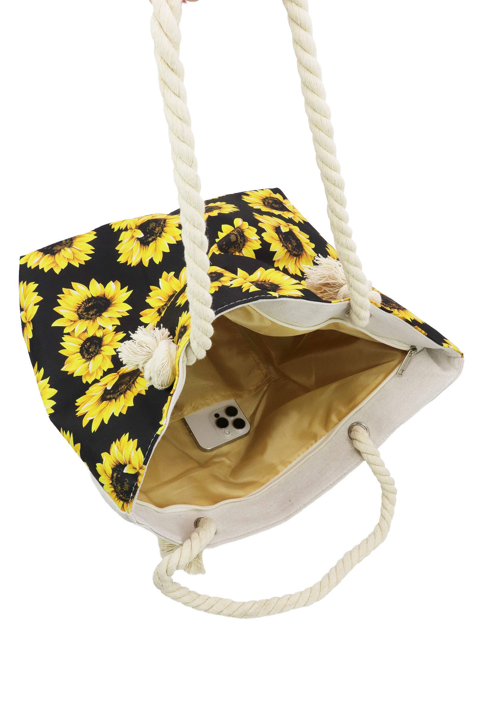 Sunflower Zippered Rope Handle Canvas Tote Bag