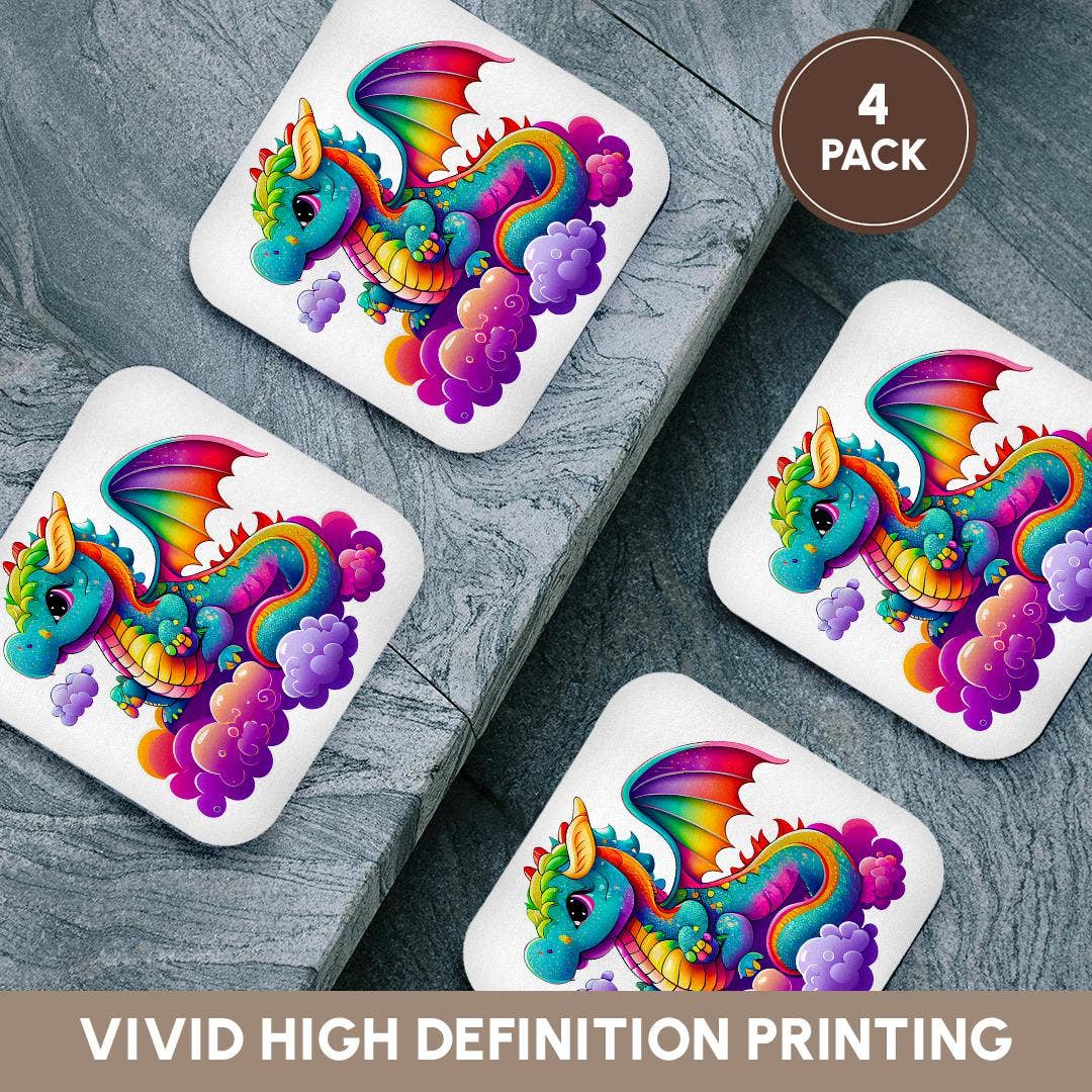 Cute Rainbow Colored Dragon On A Cloud Illustration, Soft Coaster