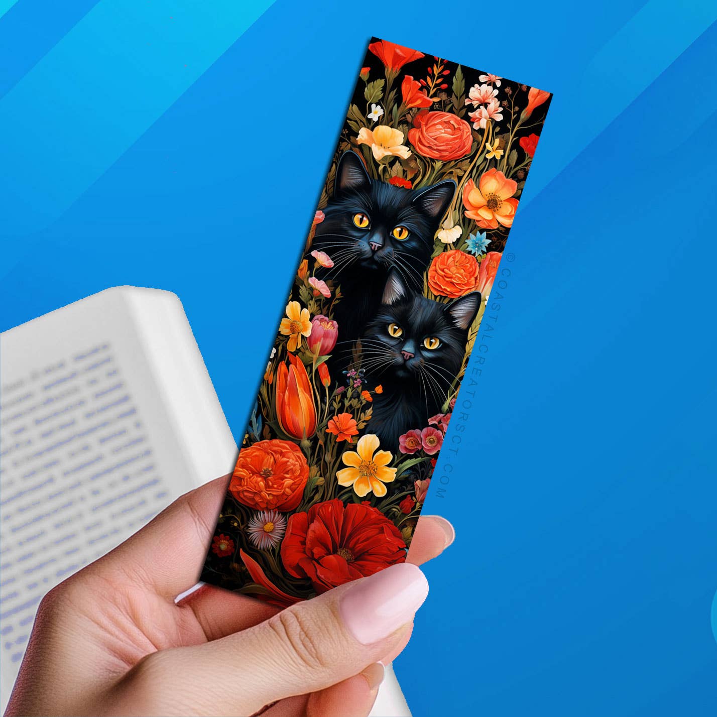 Black Cats with Flowers 2"x6" Glossy Laminated Bookmark