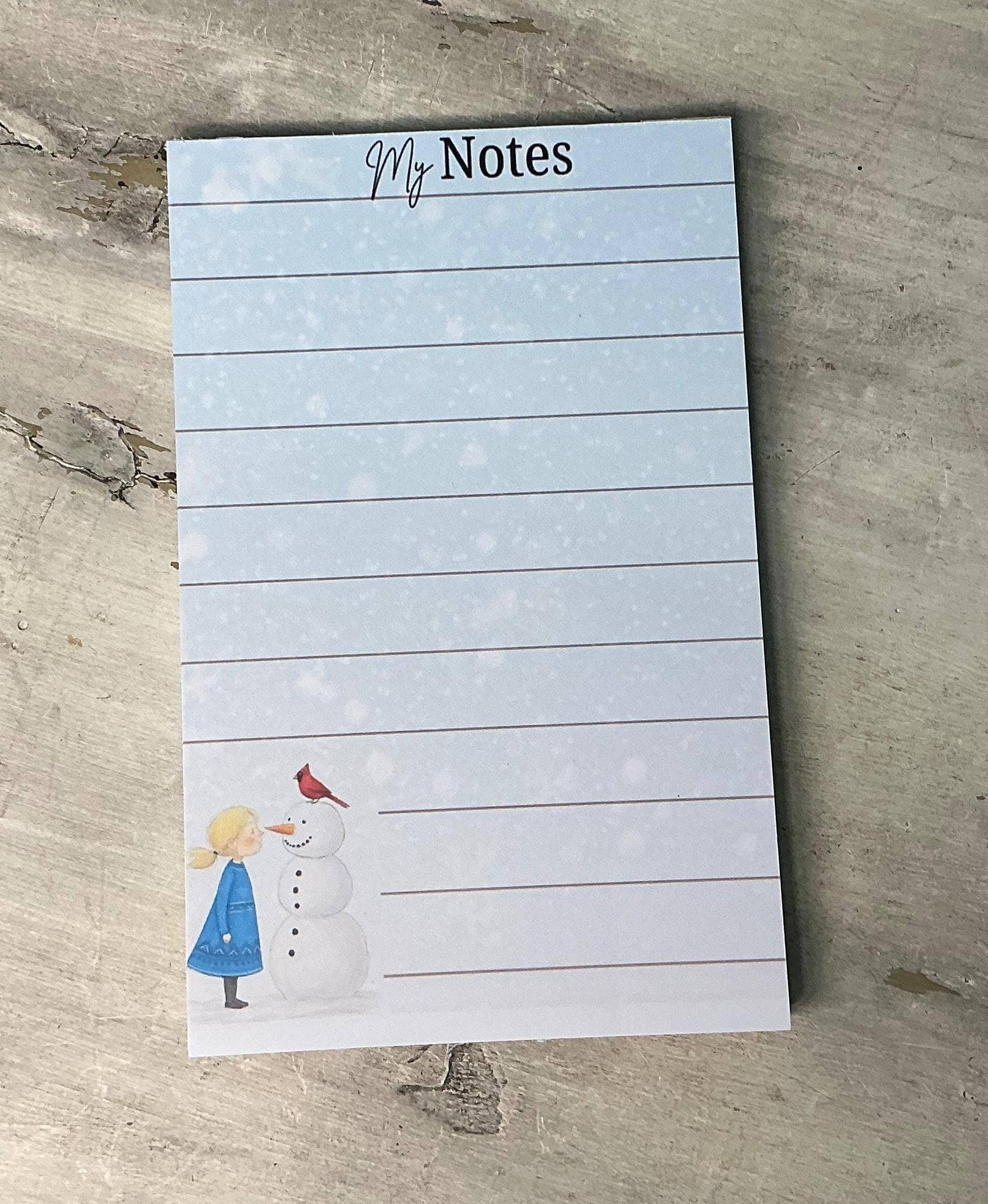 Snowman  Cardinal Notepad with Whimsical Girl Design