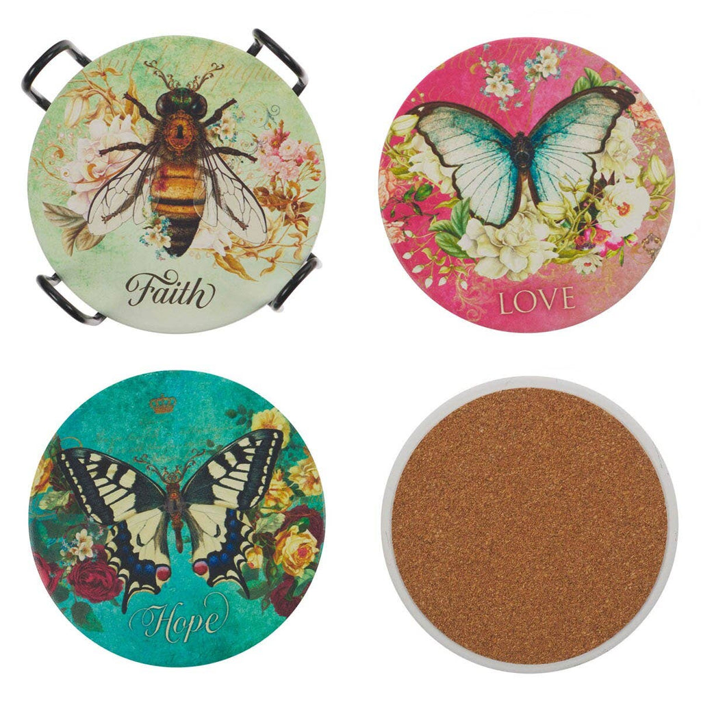 Ceramic Coasters 4/Set Butterflies/Bee
