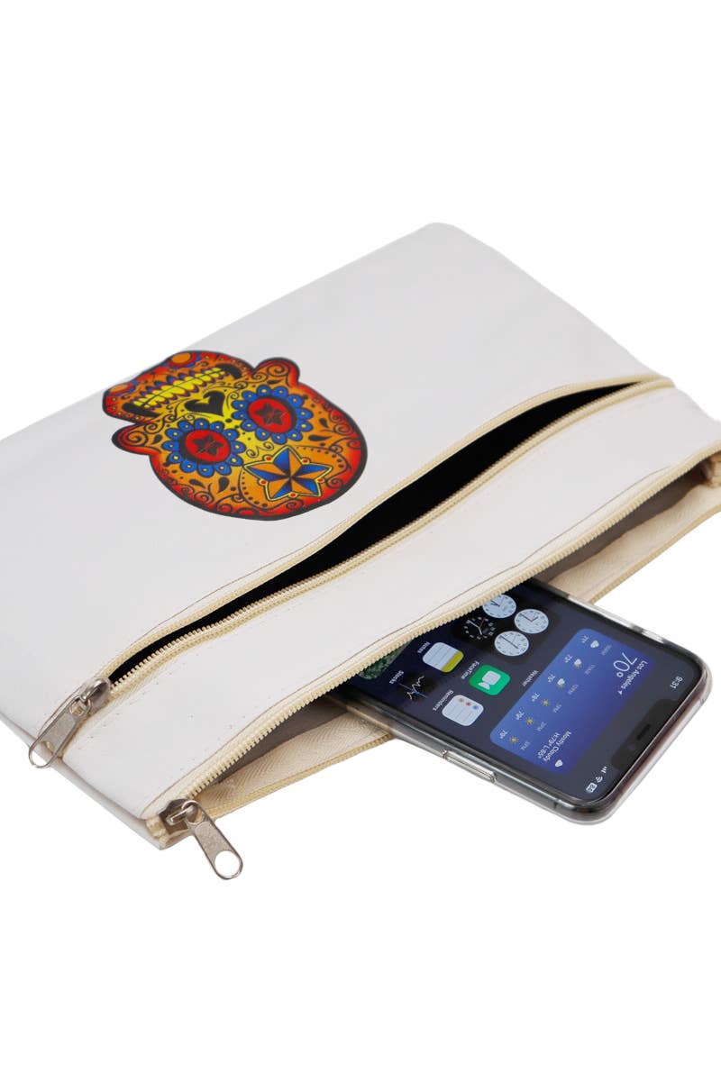 Sugar Skull Double Zip PU Clutch Bag Wristlet