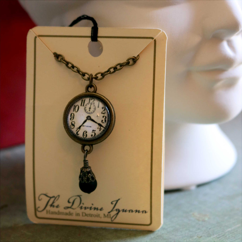 Edwardian Clock Steampunk Pendant Necklace w/Bead