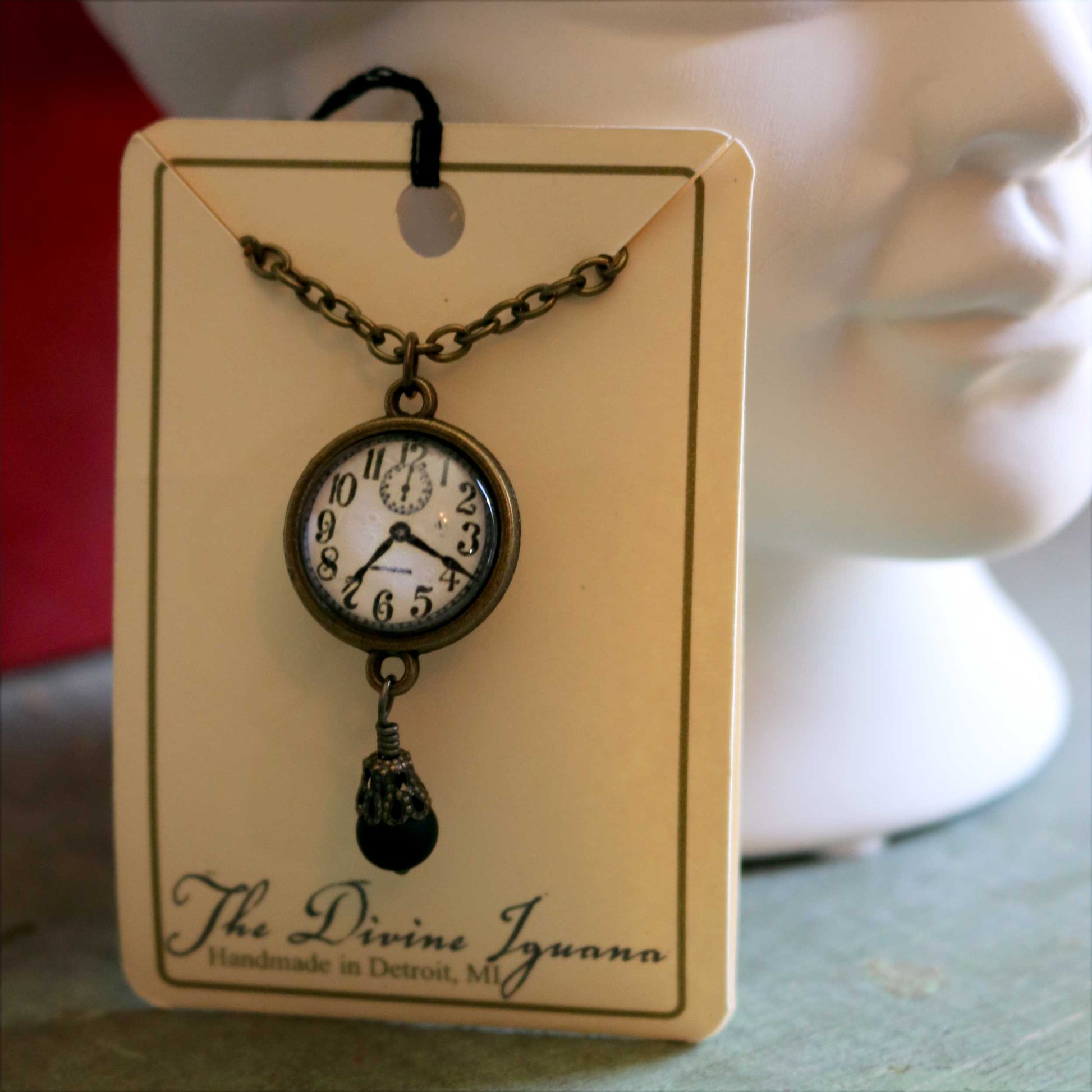 Edwardian Clock Steampunk Pendant Necklace w/Bead