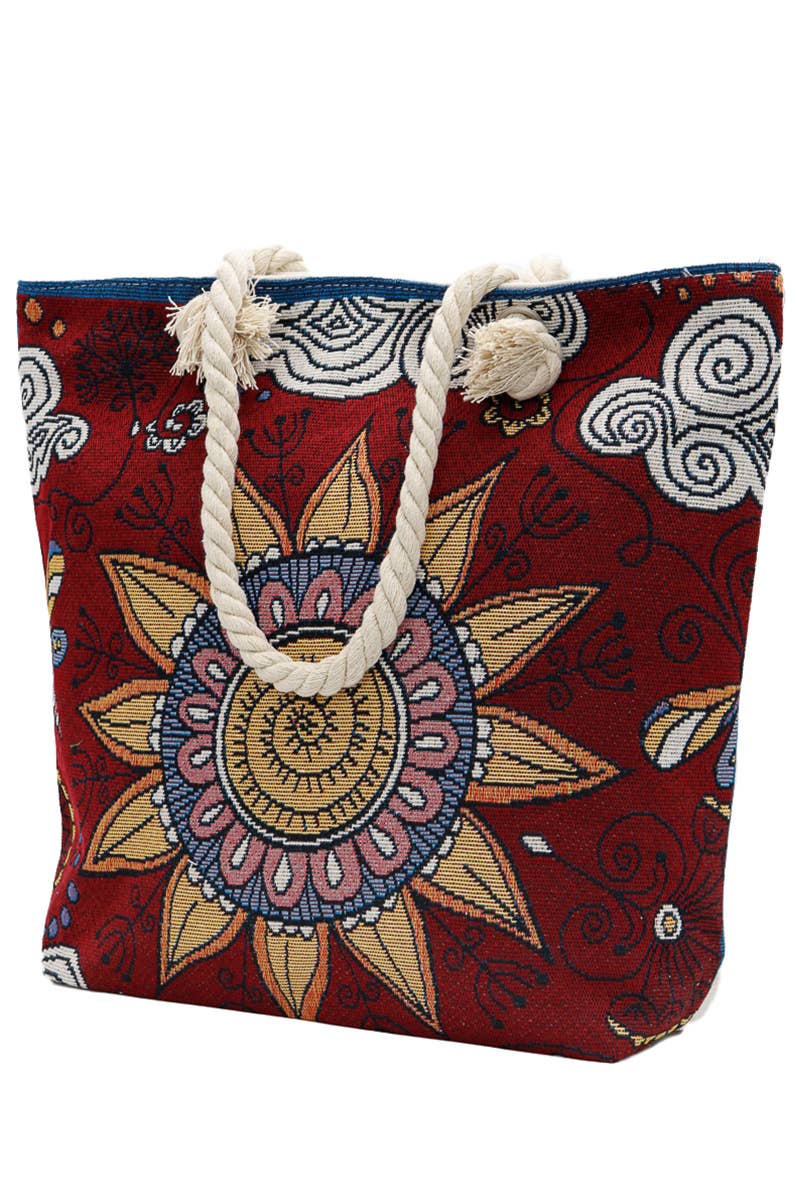 Butterfly Floral Mandala Tapestry Rope Handle Canvas Tote