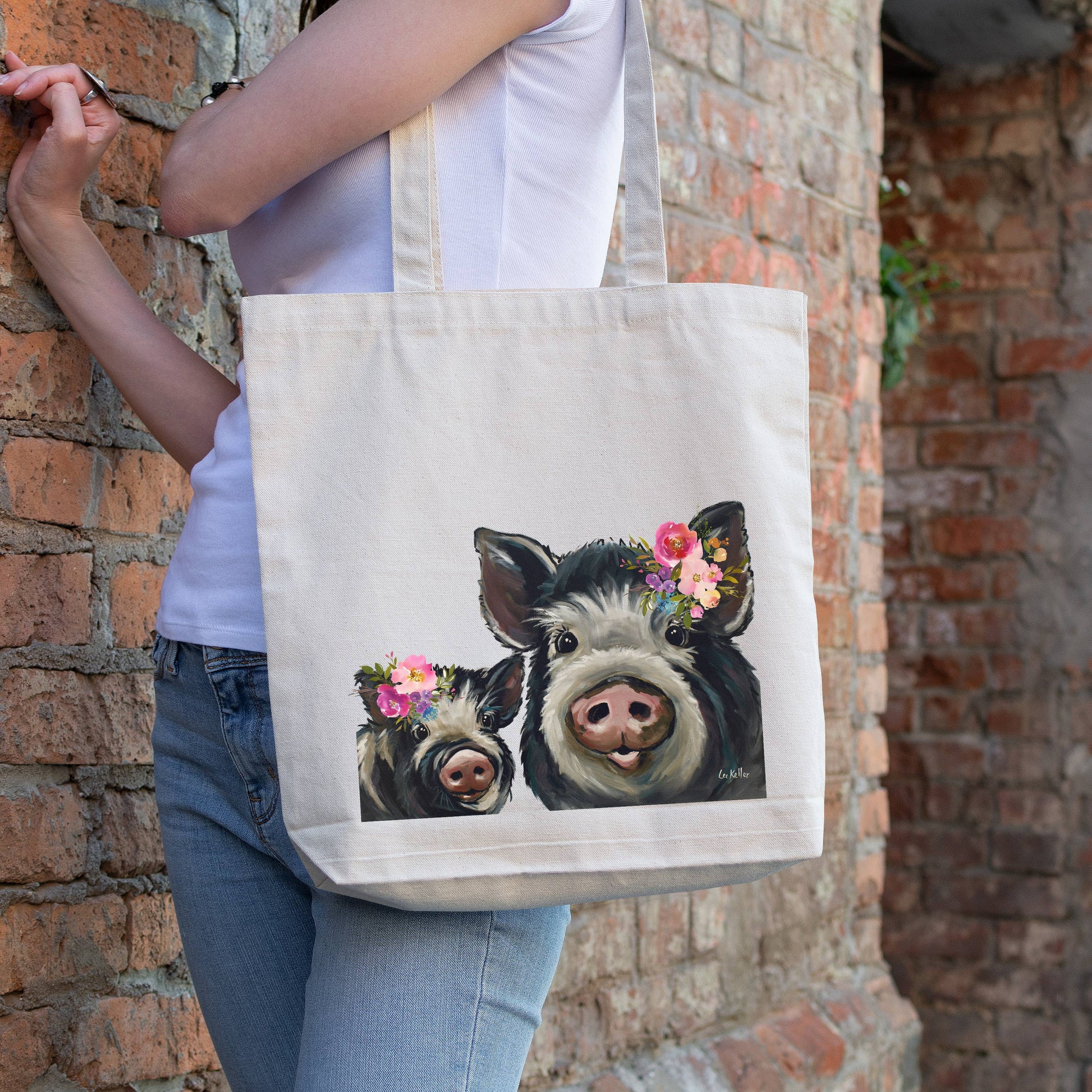 Bright Blooms Mom and Baby Pig Tote Bag