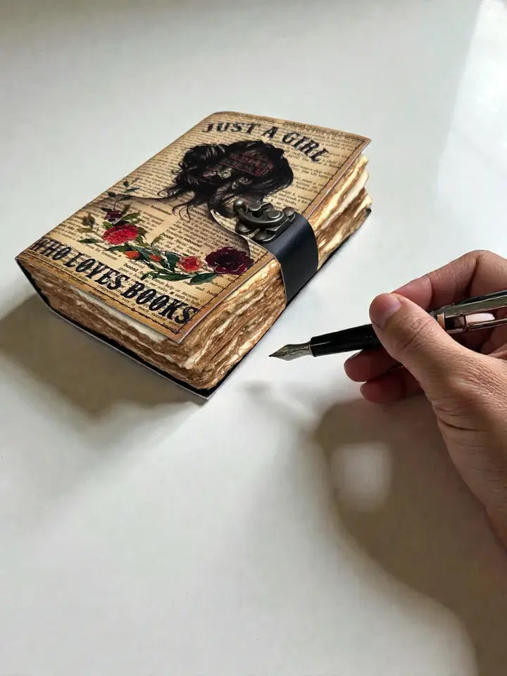 Leather Journal Vintage Notebook with Just A Girl Print