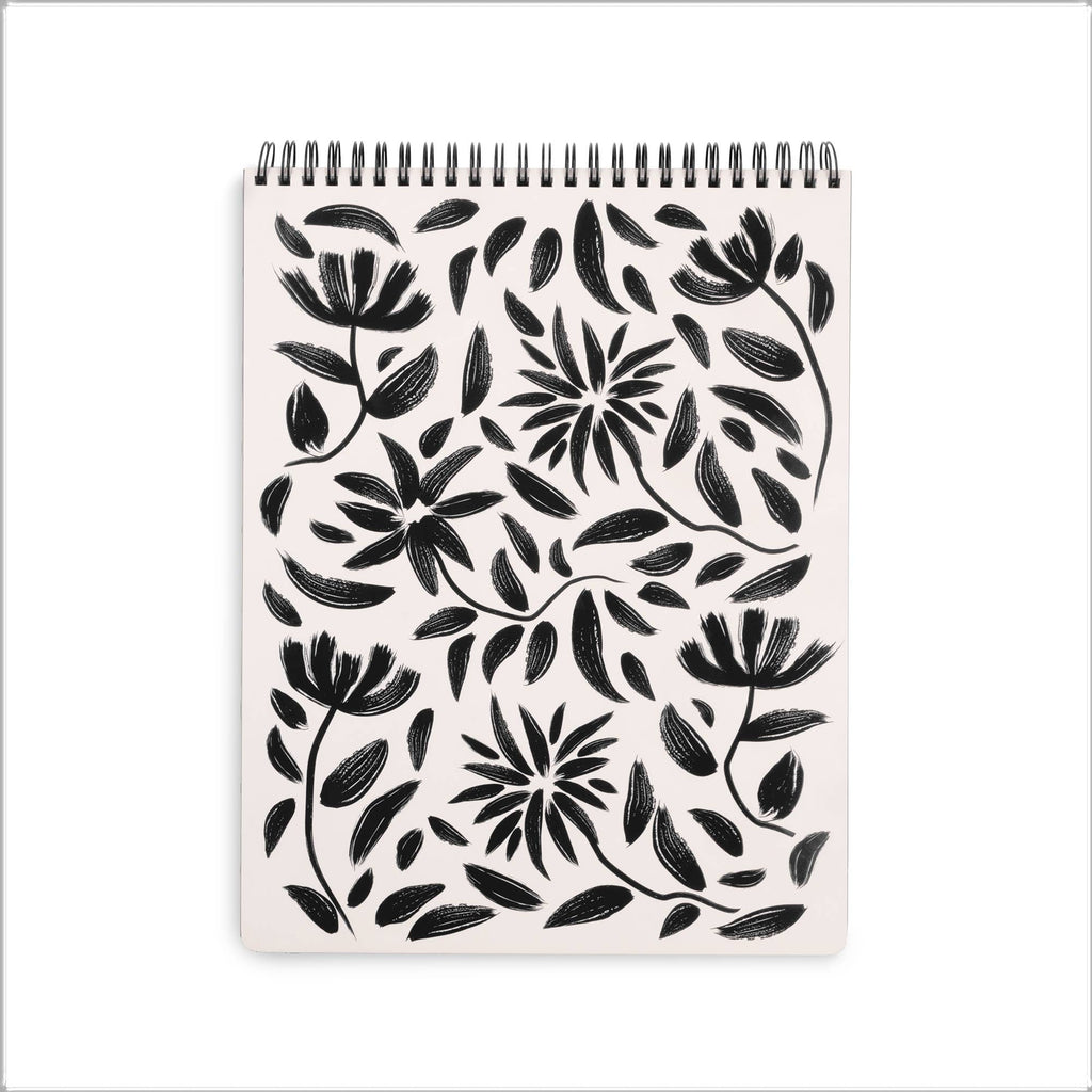 Large Top Spiral Notebook, Hand Drawn Black Floral