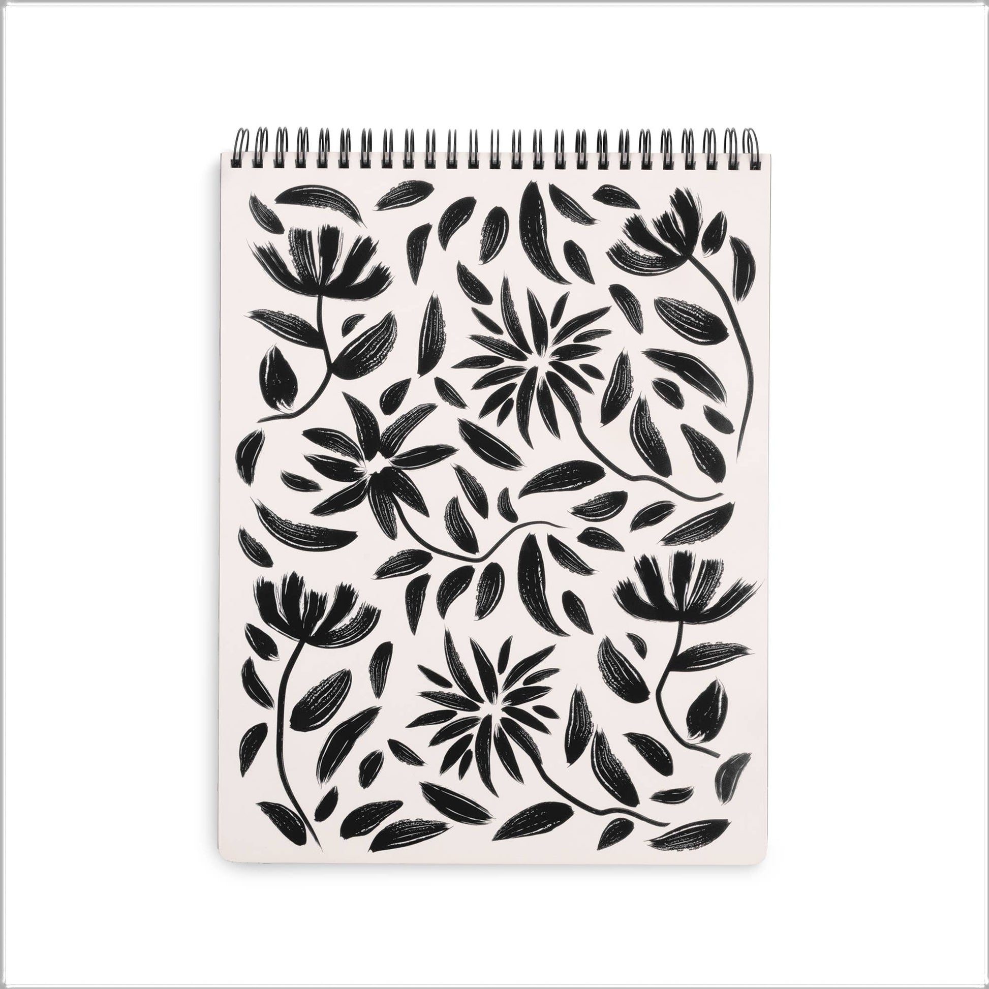 Large Top Spiral Notebook, Hand Drawn Black Floral