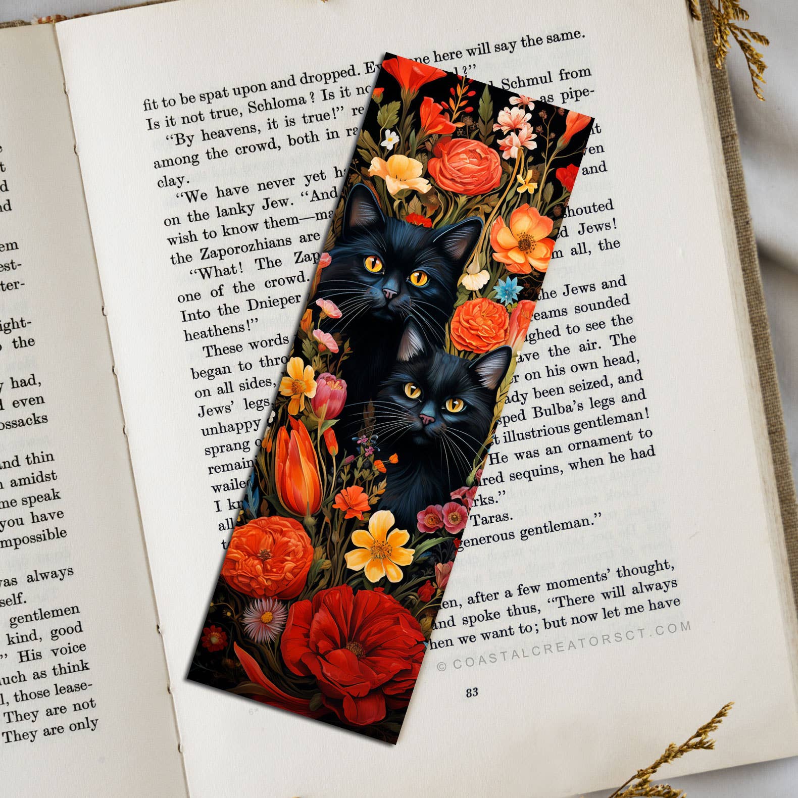 Black Cats with Flowers 2"x6" Glossy Laminated Bookmark