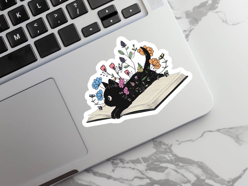 Floral Black Cat with Book Sticker