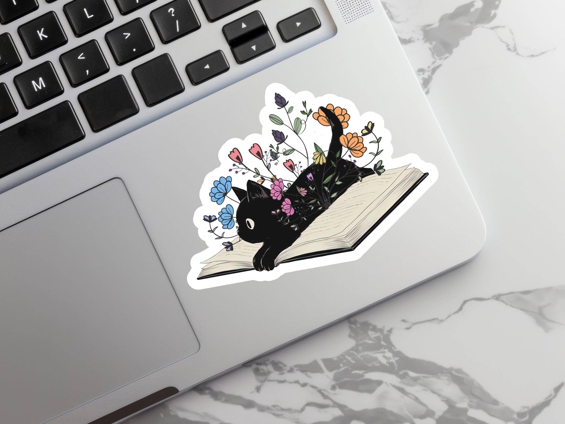 Floral Black Cat with Book Sticker