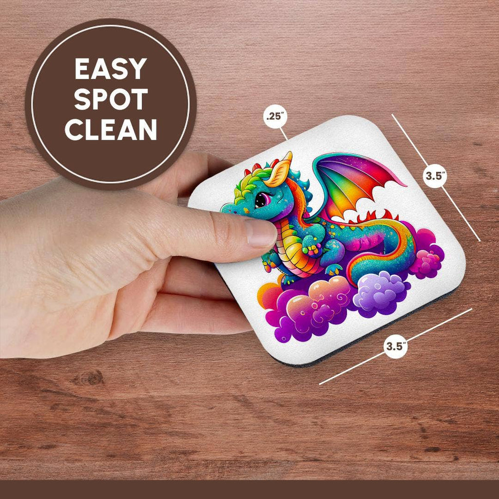 Cute Rainbow Colored Dragon On A Cloud Illustration, Soft Coaster