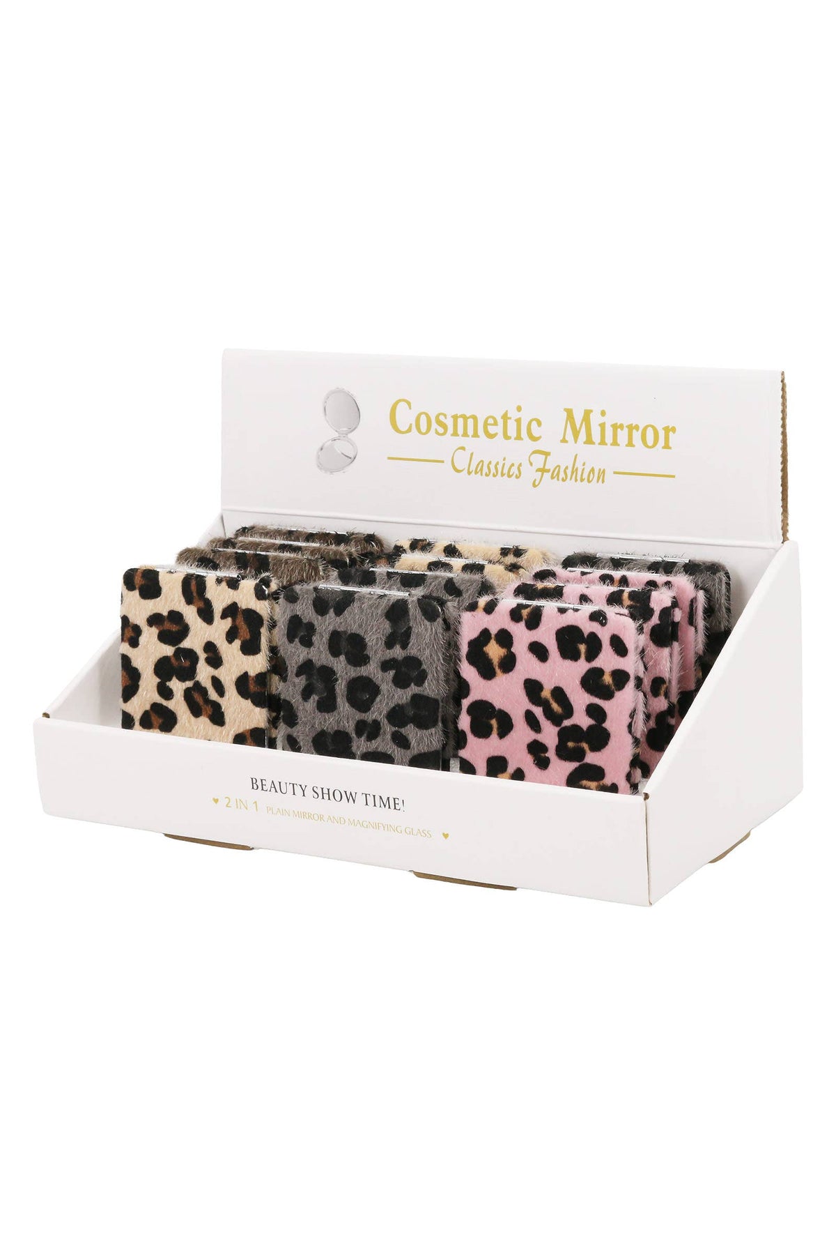Leopard Print Fuzzy Faux Fur Compact Mirror - 12 Pcs