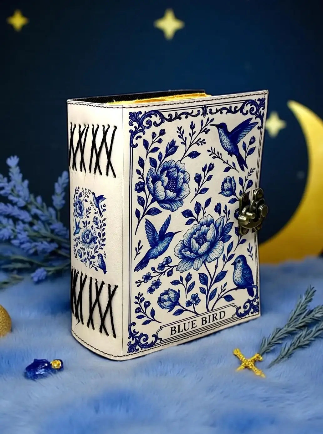 Leather Journal Blank Vintage Notebook with Blue Bird Print