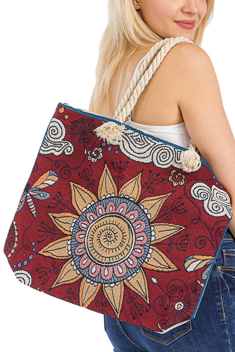 Butterfly Floral Mandala Tapestry Rope Handle Canvas Tote