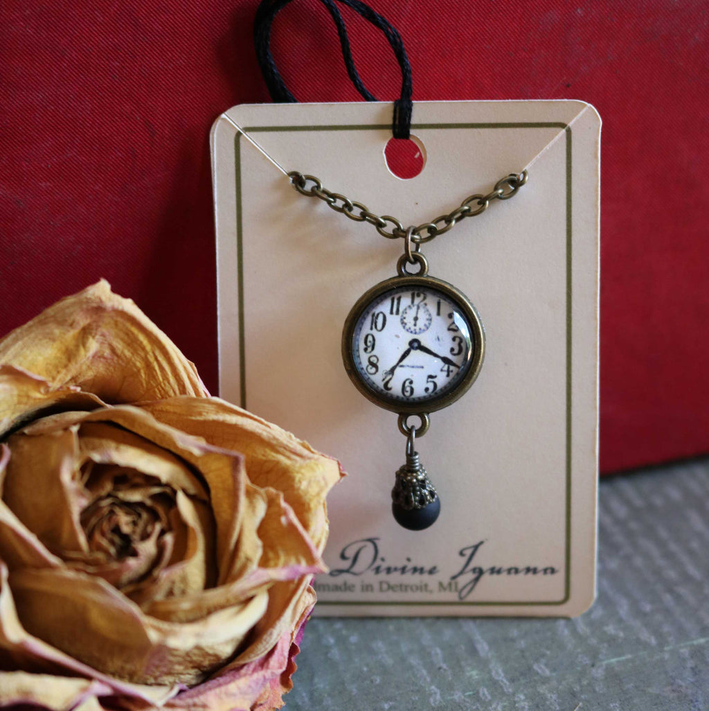 Edwardian Clock Steampunk Pendant Necklace w/Bead