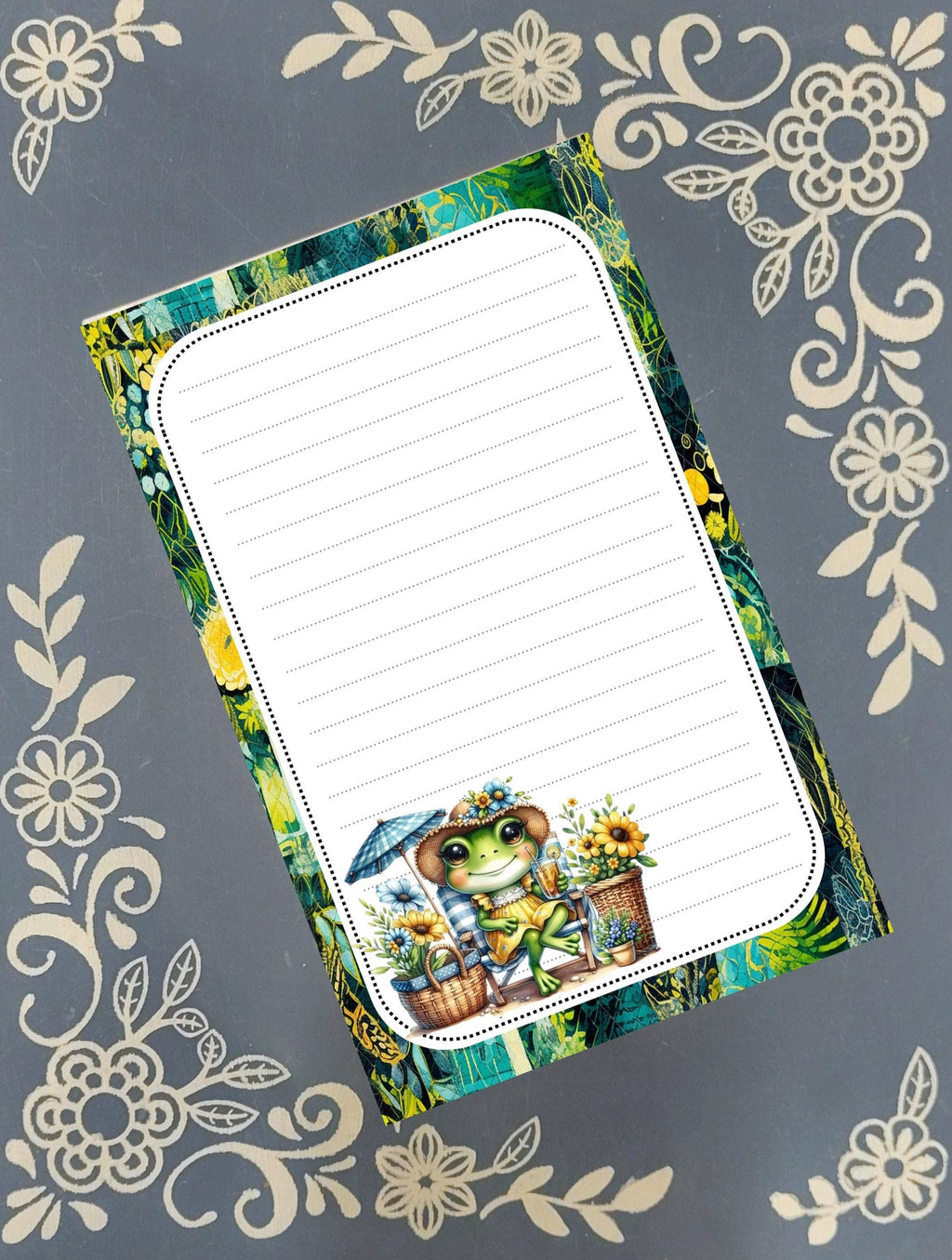 Notepad Frog under Umbrella with Flowers Stationery