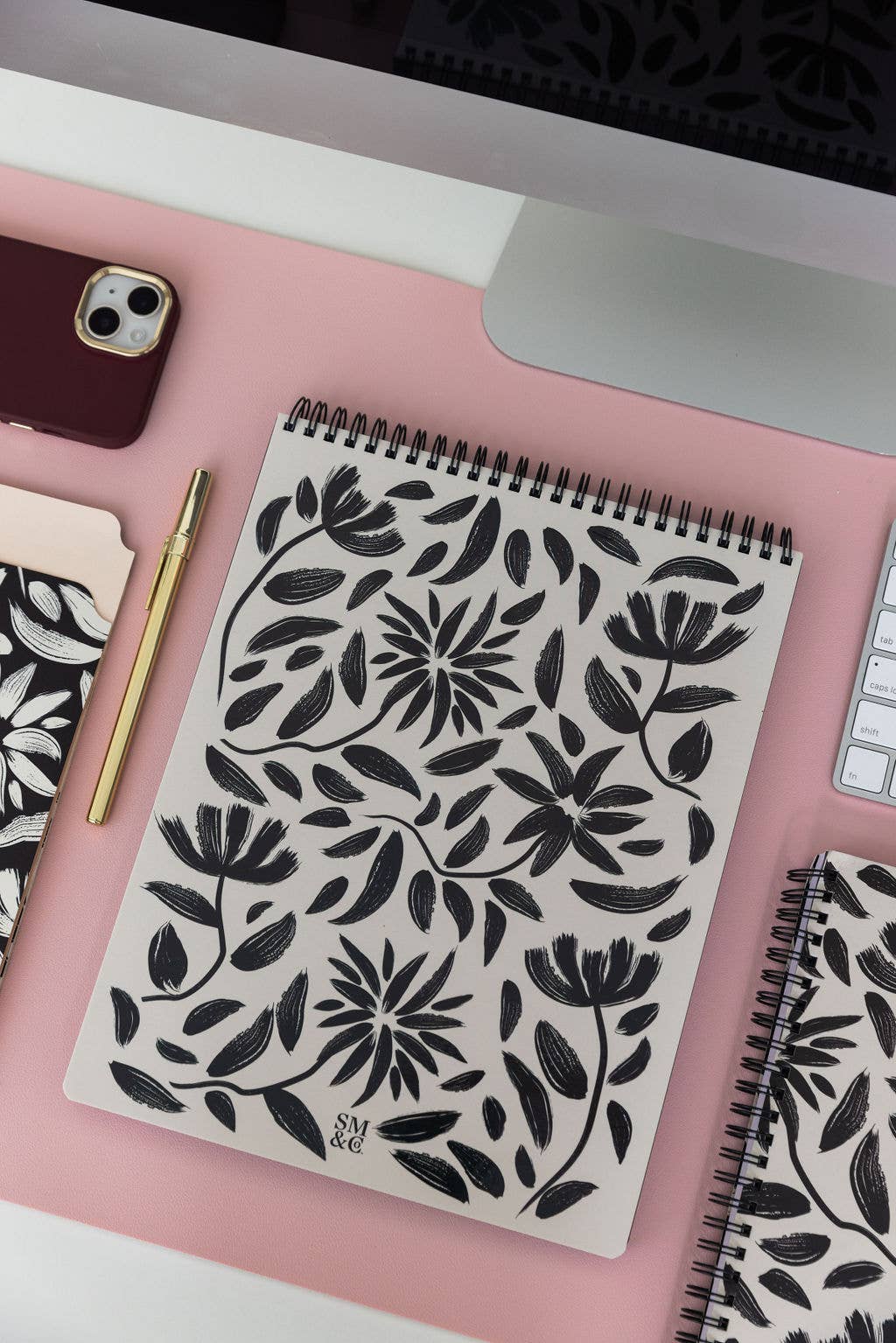 Large Top Spiral Notebook, Hand Drawn Black Floral