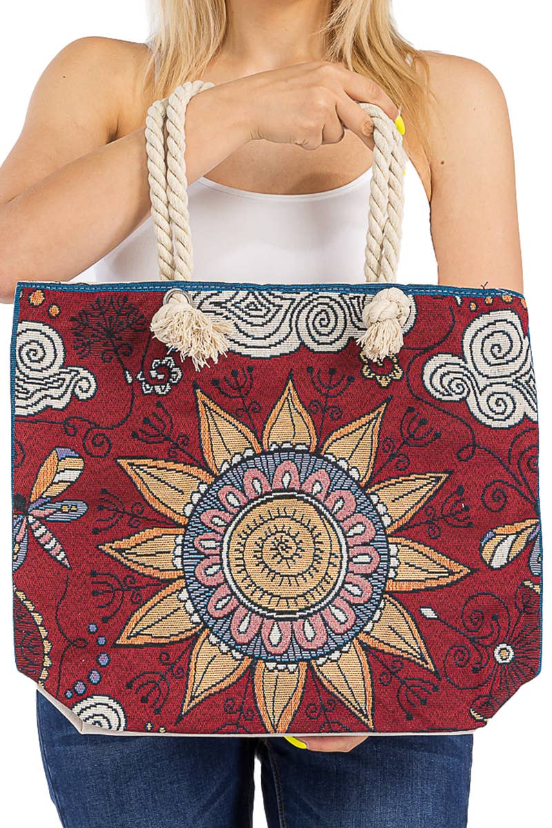 Butterfly Floral Mandala Tapestry Rope Handle Canvas Tote