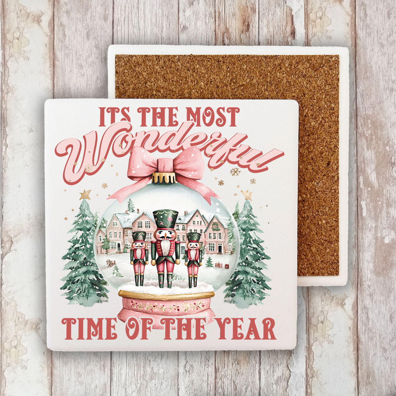 Pink Christmas Nutcracker Snow Globe Stone Coaster