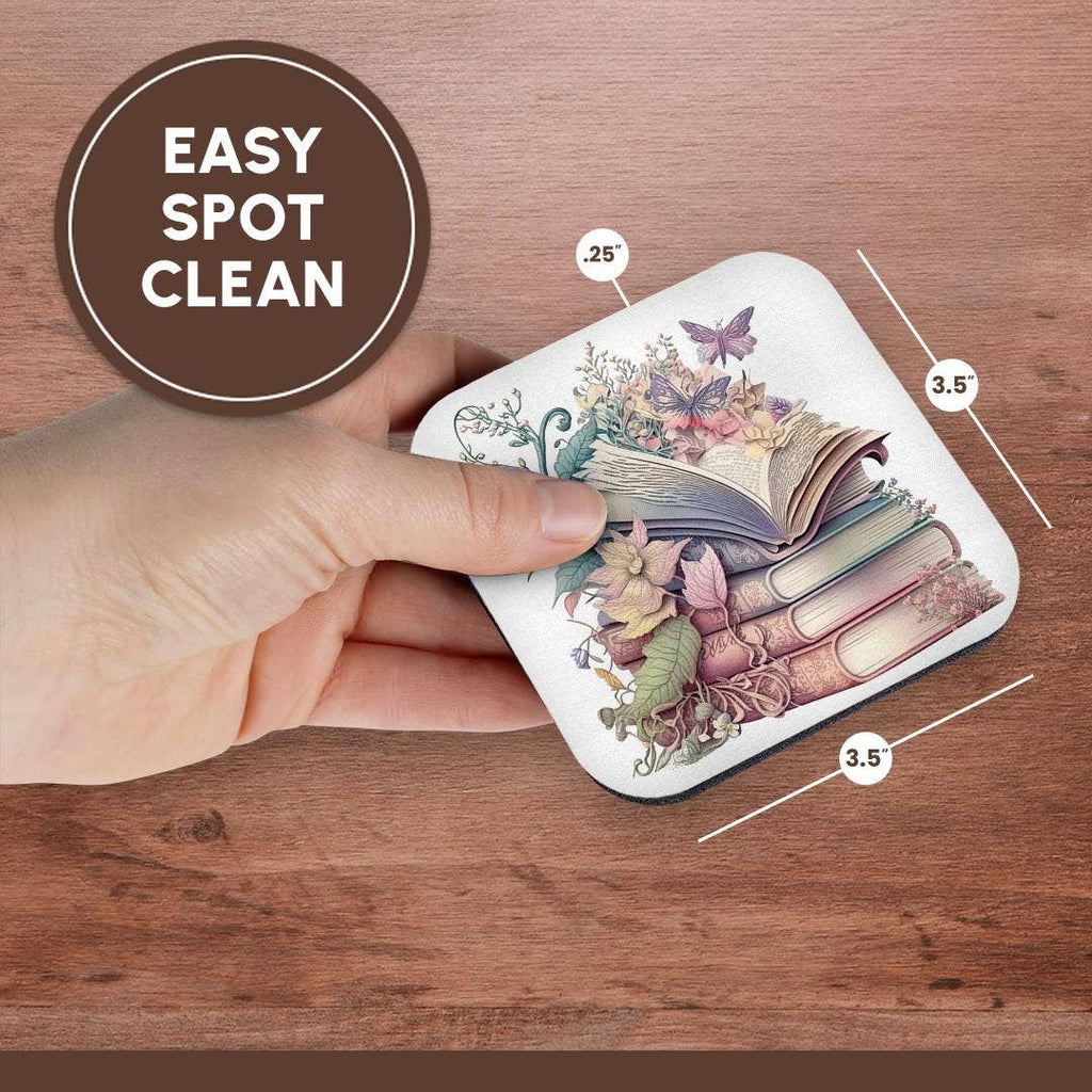 Pretty Floral Stack Of Books Illustration, Soft Coaster